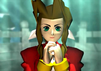 Screenshot of Final Fantasy VII showing Aerith Gainsborough kneeling.