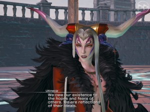 Screenshot of Ultimecia in Mobius Final Fantasy. She's looking at someone offscreen with a dialogue subtitle saying, "We owe our existence to the hopes and fears of others. We are reflections of their ideals."