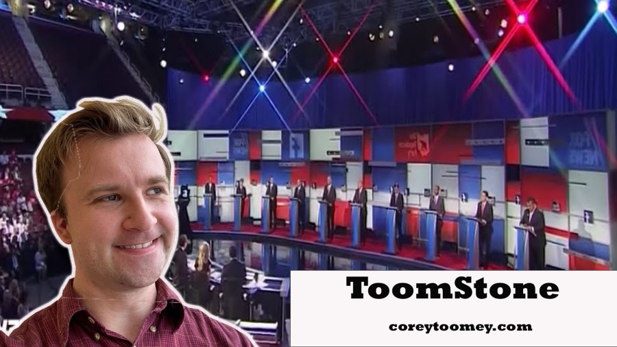 Photoshopped image of Corey looking at a debate stage and smiling